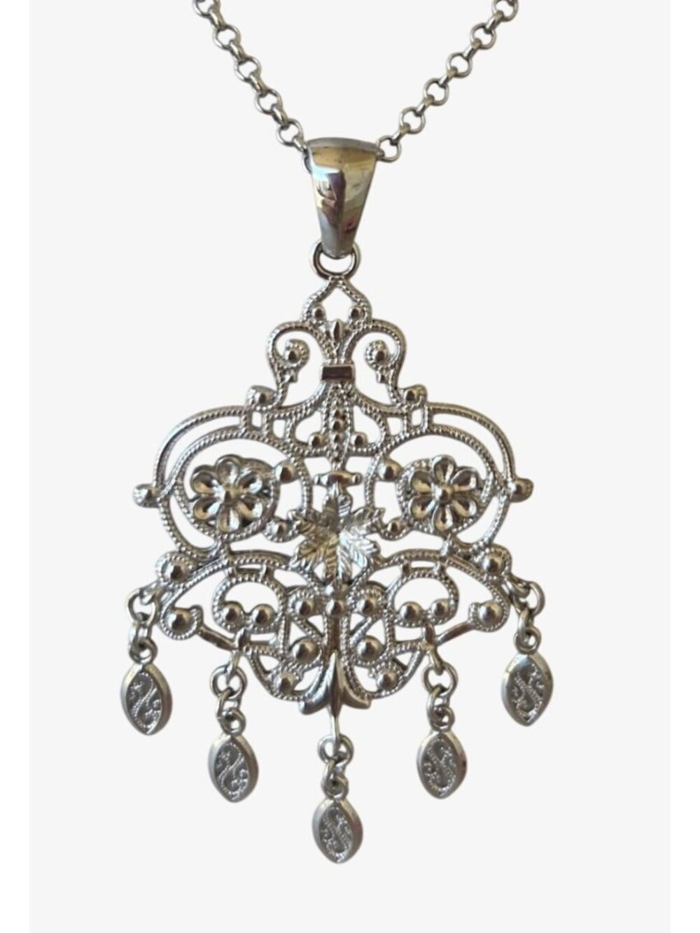 MILOR 925 Sterling Silver Filagree Chandelier Pendant Necklace Italy